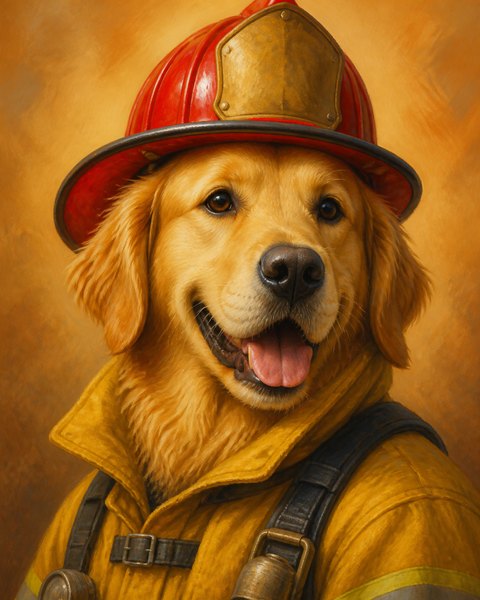 Pet hero portrait in a firefighter uniform